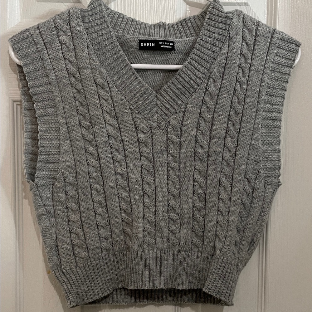 SHEIN V-Neck Gray Cable Knit Sweater Vest